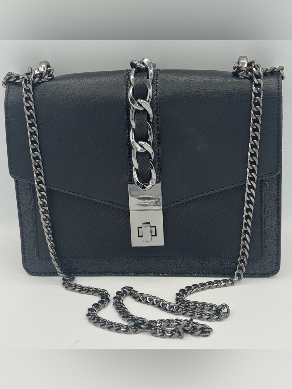 Aldo Mixed Media Texture Hand Bag Shoulder Bag with Chain and Glitter Details